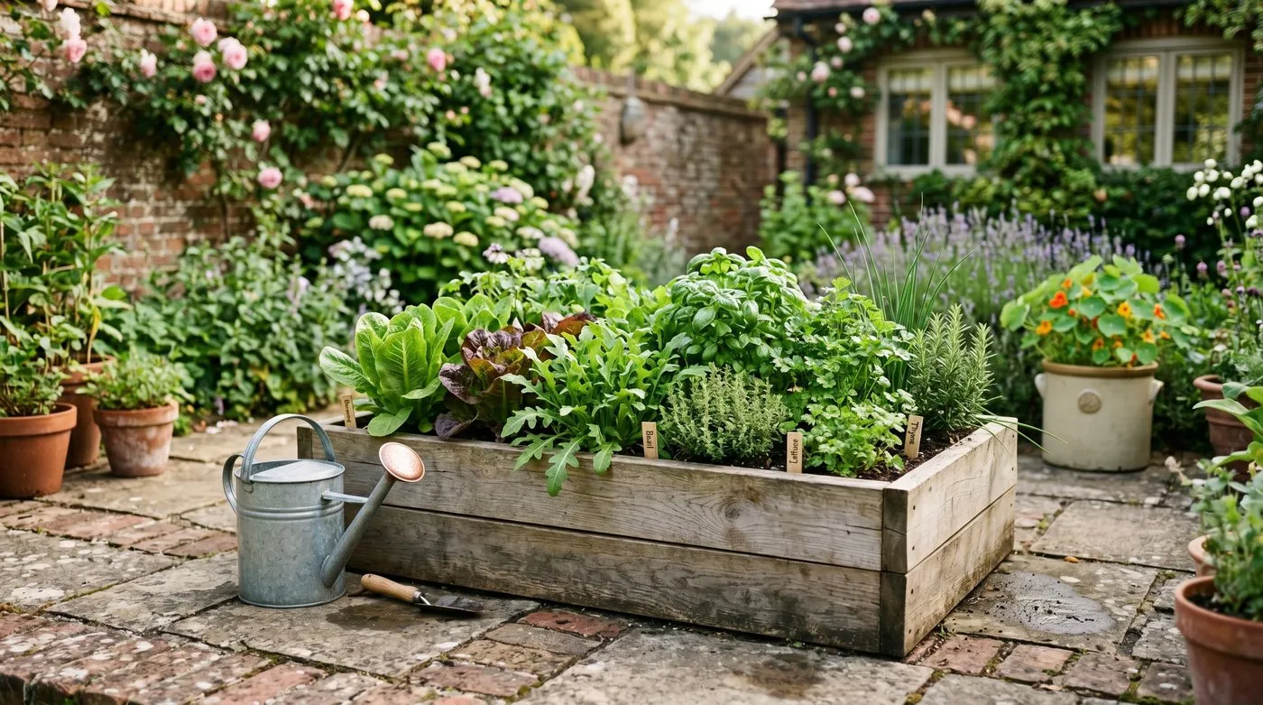 A simple home raised bed of herbs and vegetables on a small UK patio in summer