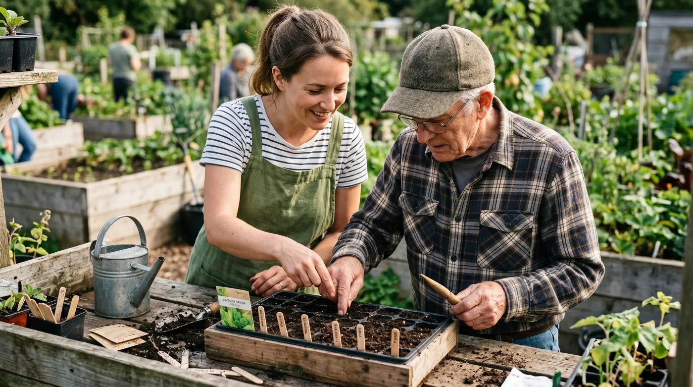 A coordinator gently guiding a newcomer to sow seeds into a tray at a community garden