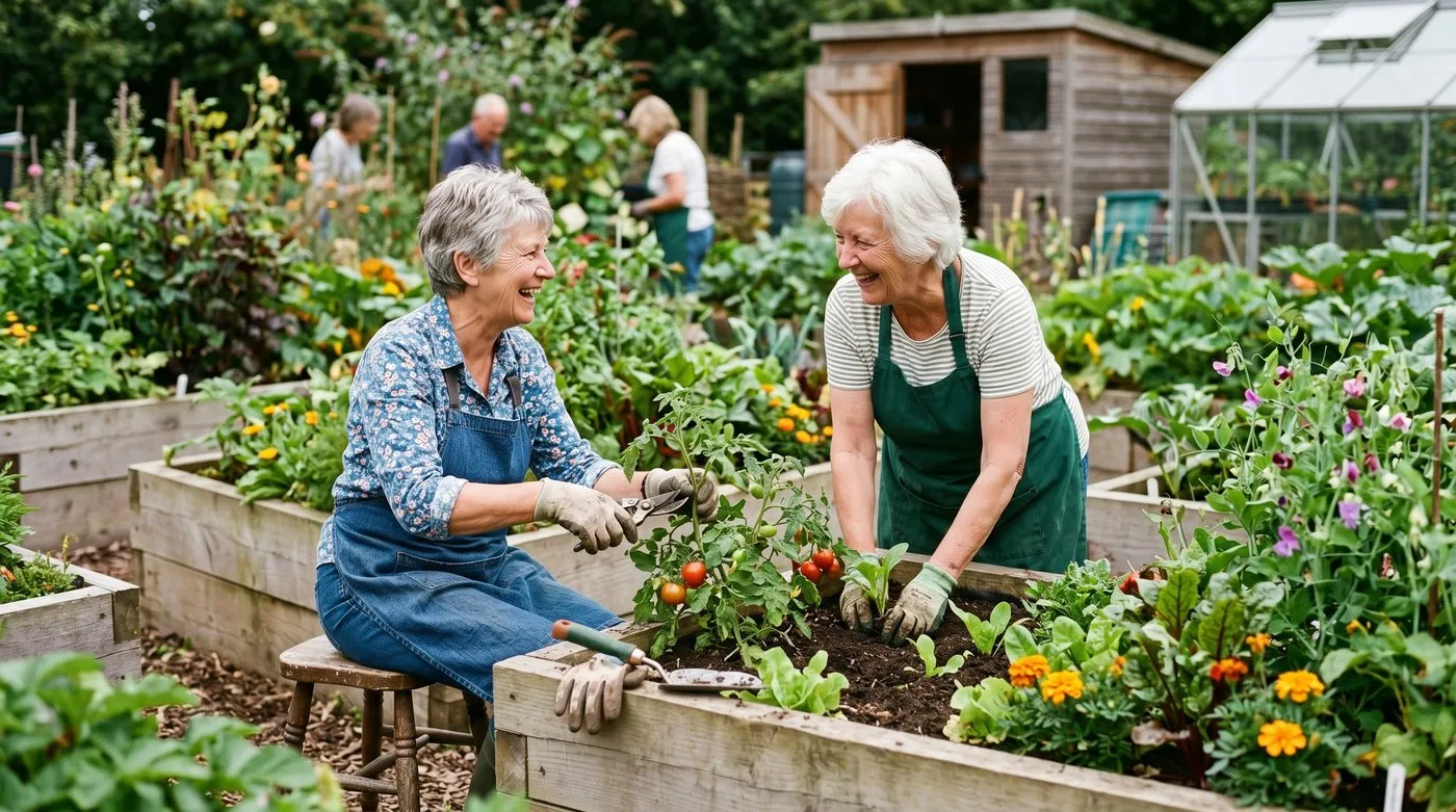 Older gardeners tending waist-height raised beds together at a therapeutic garden, talking and laughing