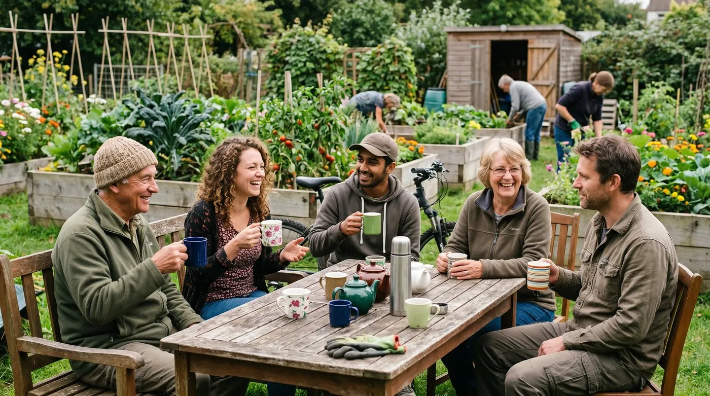 People chatting over tea around a table at a community therapeutic garden in the UK