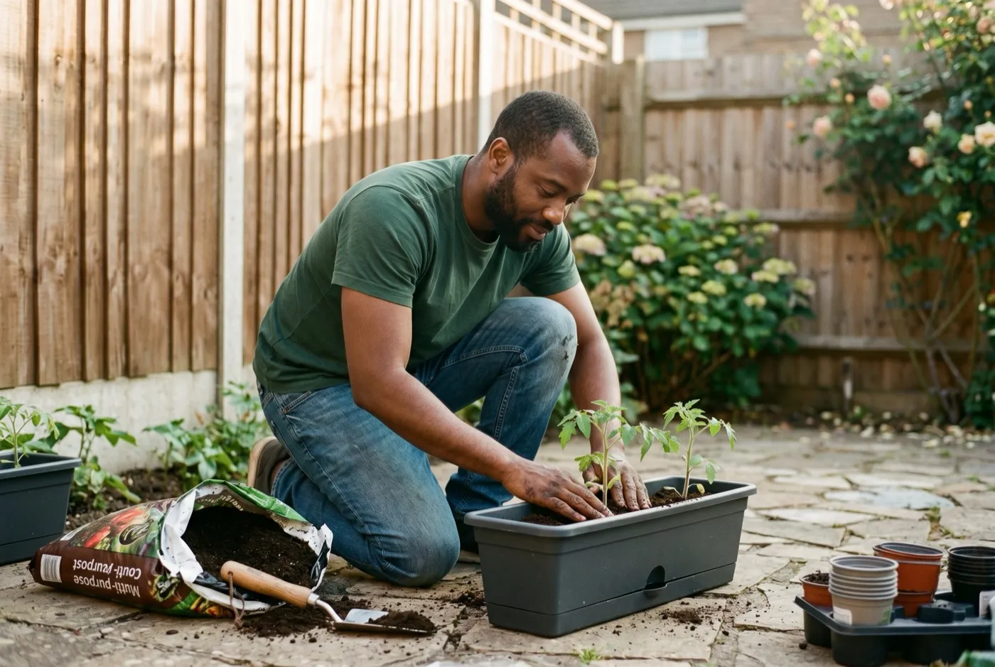 Man in his mid thirties potting up plants into containers on a small patio in the evening light