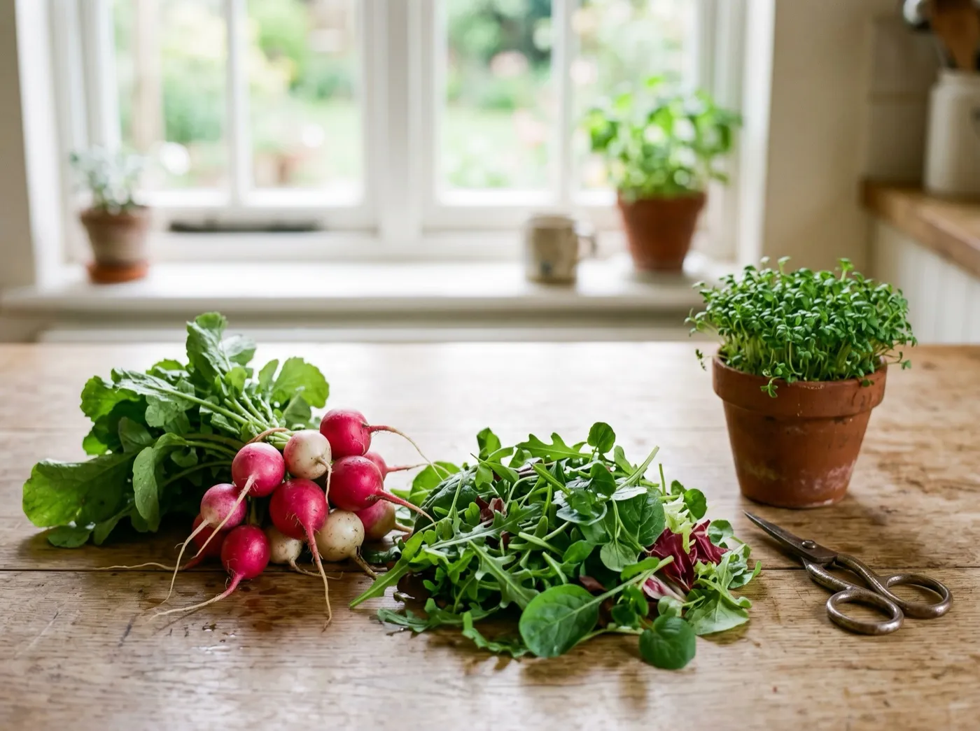 Freshly pulled radishes and cut salad leaves on a kitchen table with a pot of windowsill cress