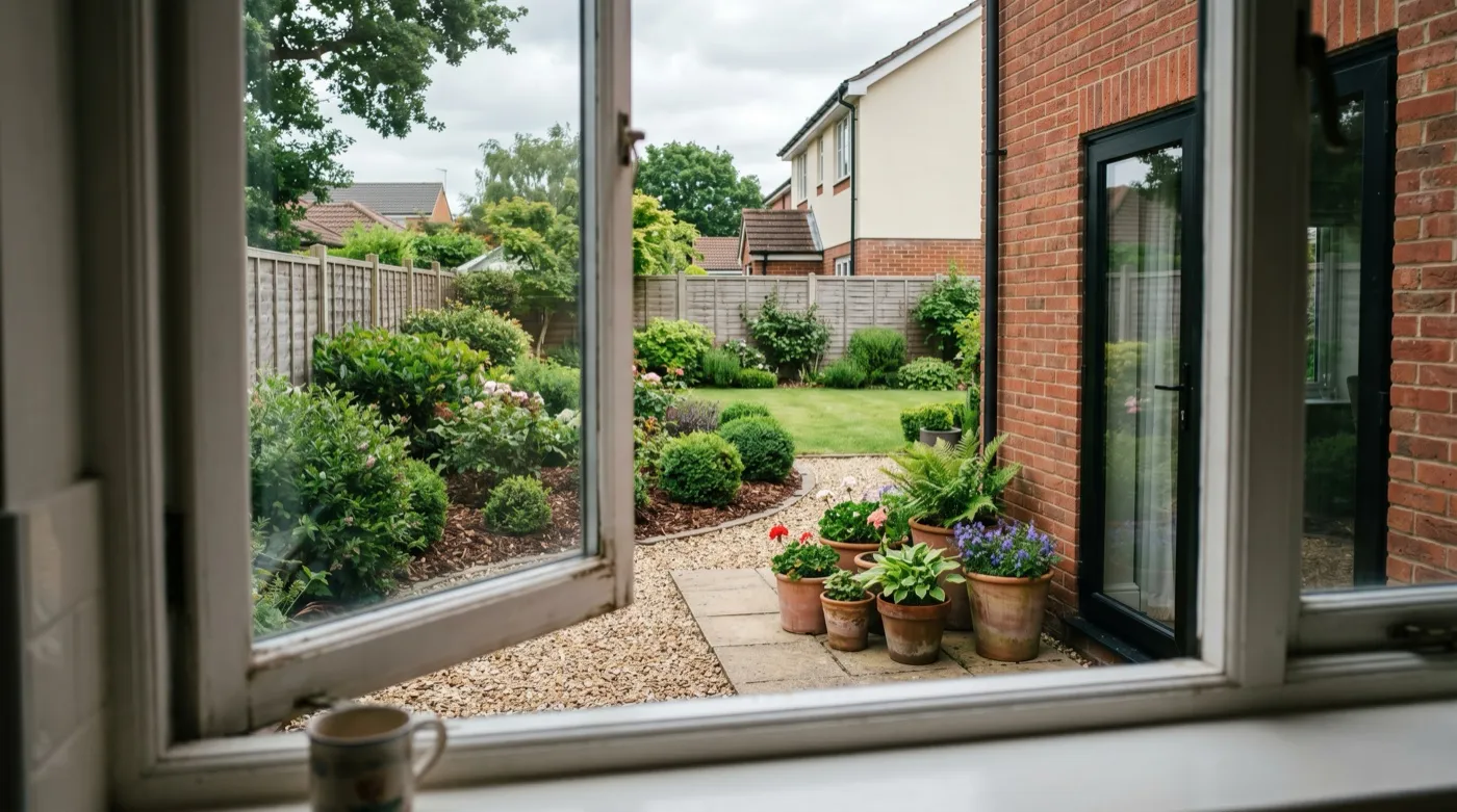 ADHD-friendly low maintenance UK garden with mulched shrub beds and grouped containers seen from a kitchen window