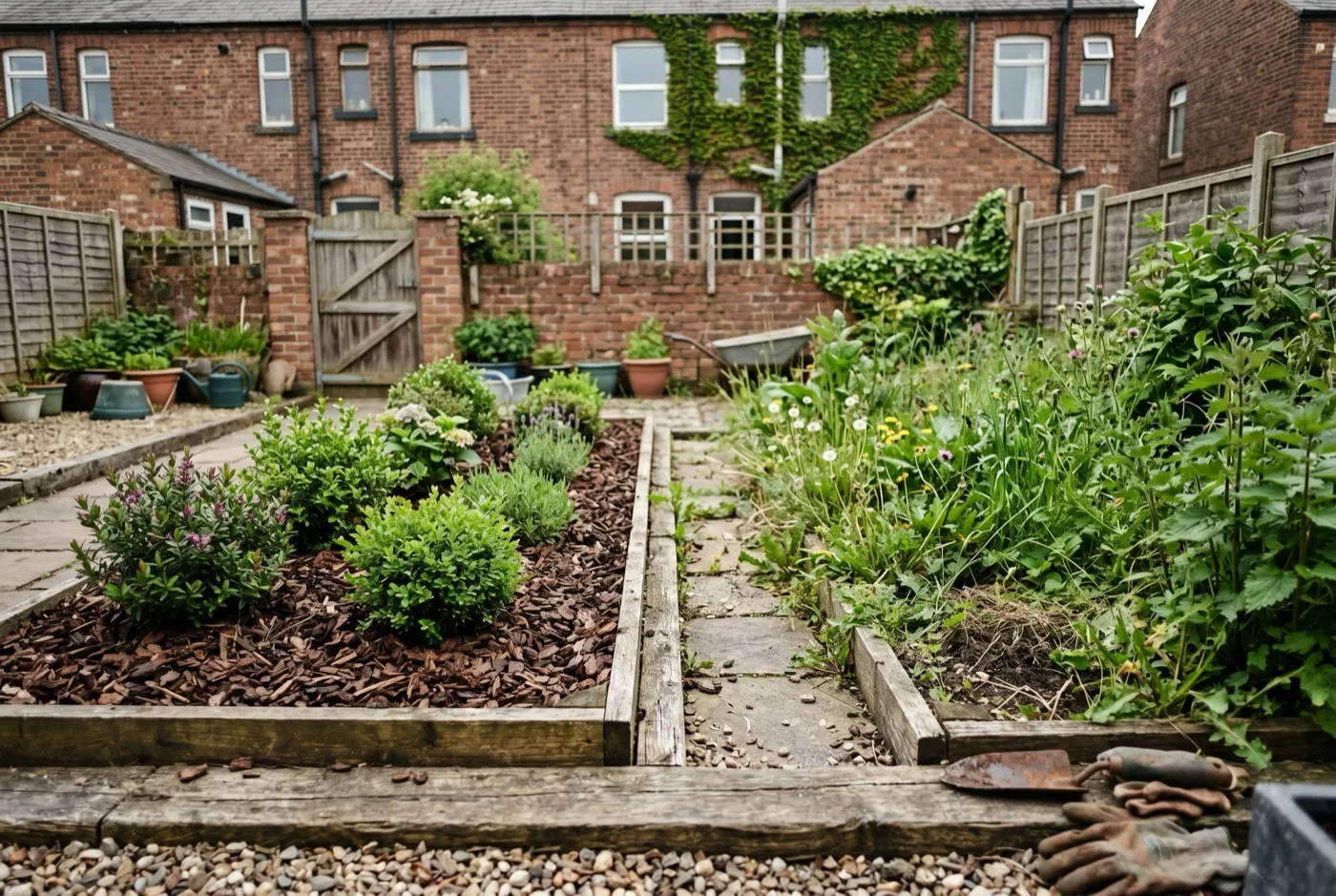 Mulched garden bed with healthy shrubs next to a bare-soil bed overrun with weeds, showing the difference mulch makes