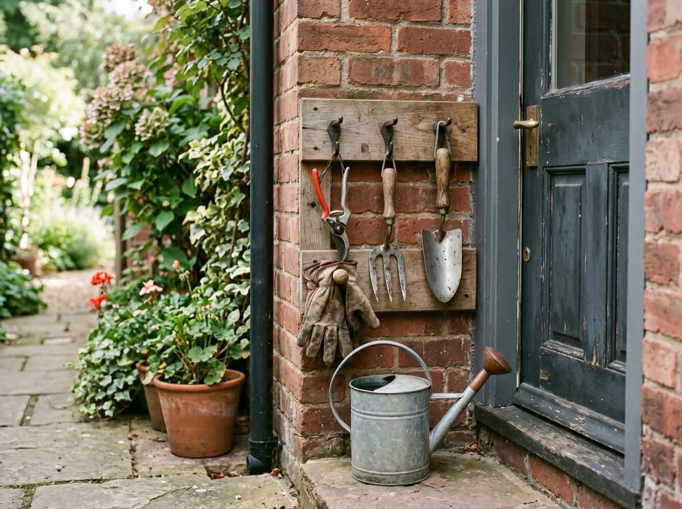 Garden hand tools and gloves hanging on a simple wall rack beside a UK back door
