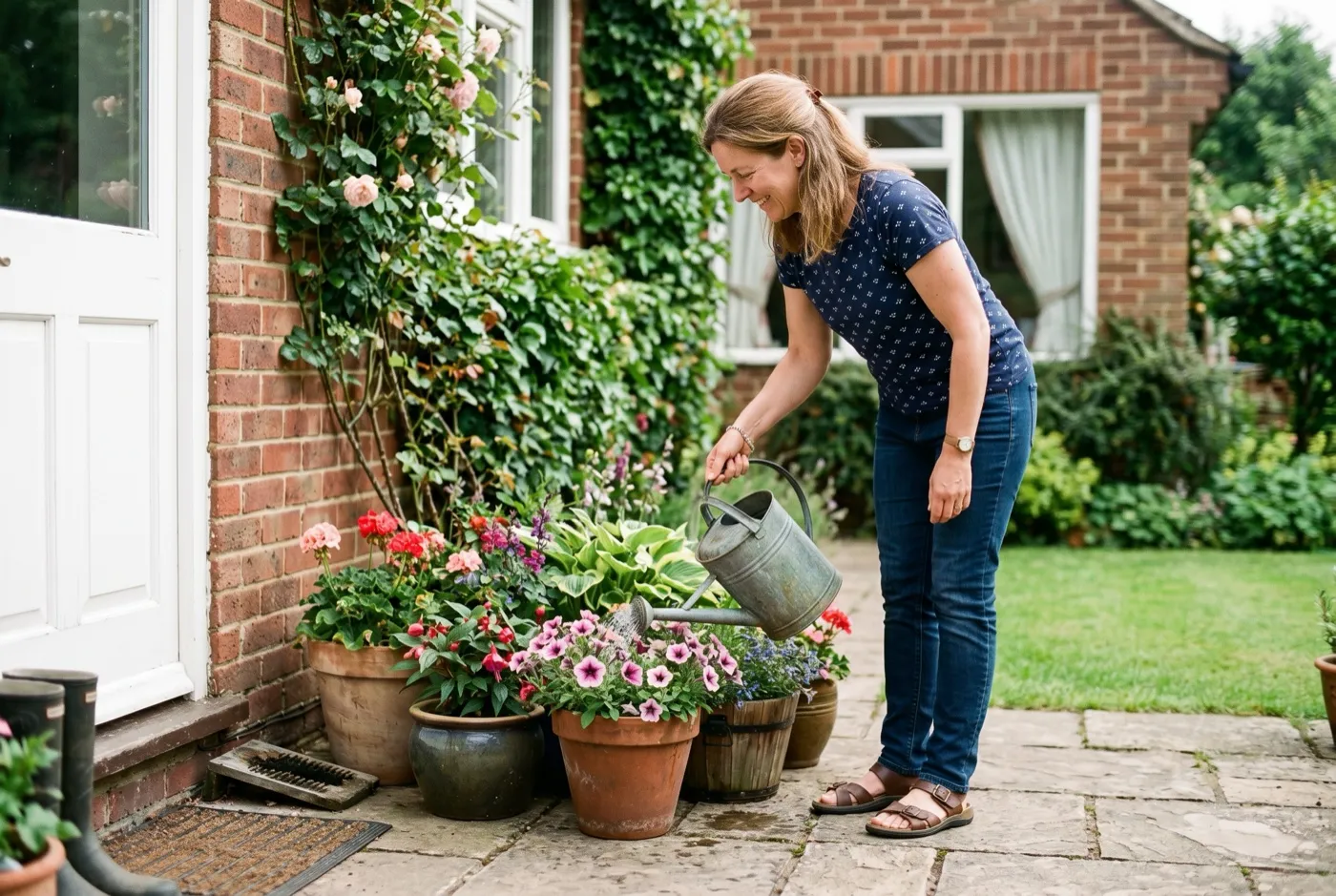 Woman in her forties watering a group of containers clustered by a back door with a metal watering can