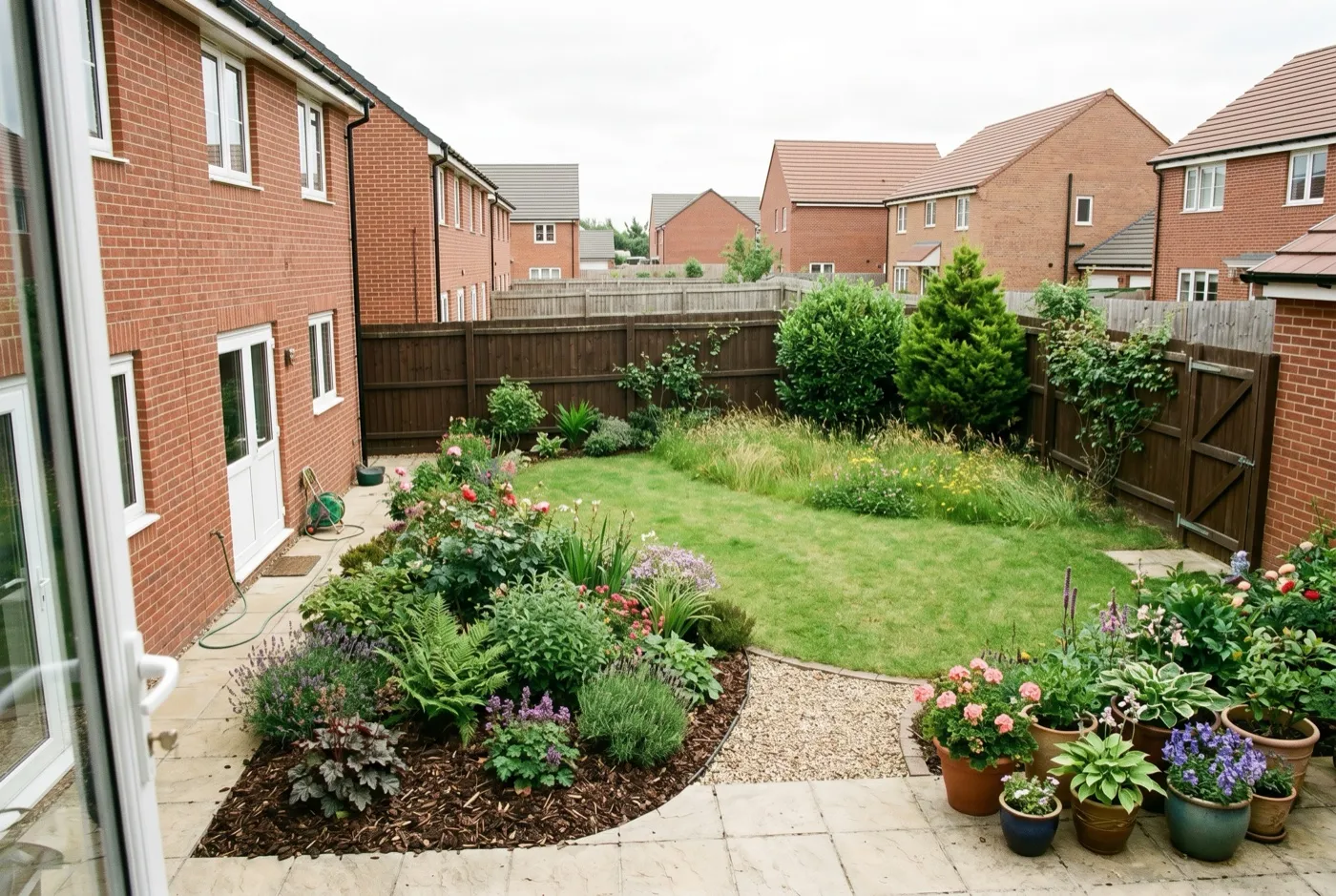 Small UK garden showing a cared-for planting zone near the house patio and a simple gravel and shrub zone at the far end