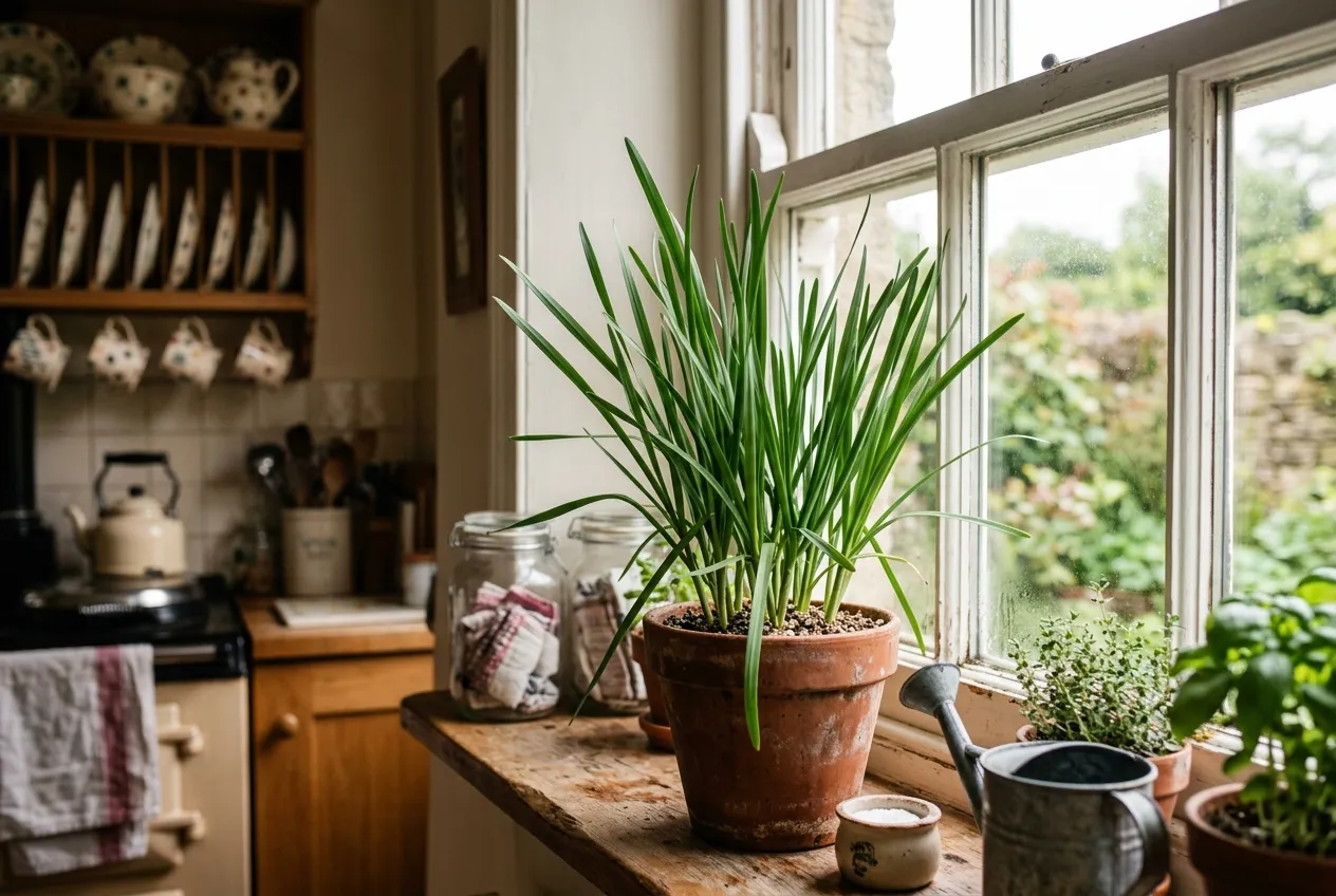 Garlic chives growing in a terracotta pot on a kitchen windowsill in a UK home