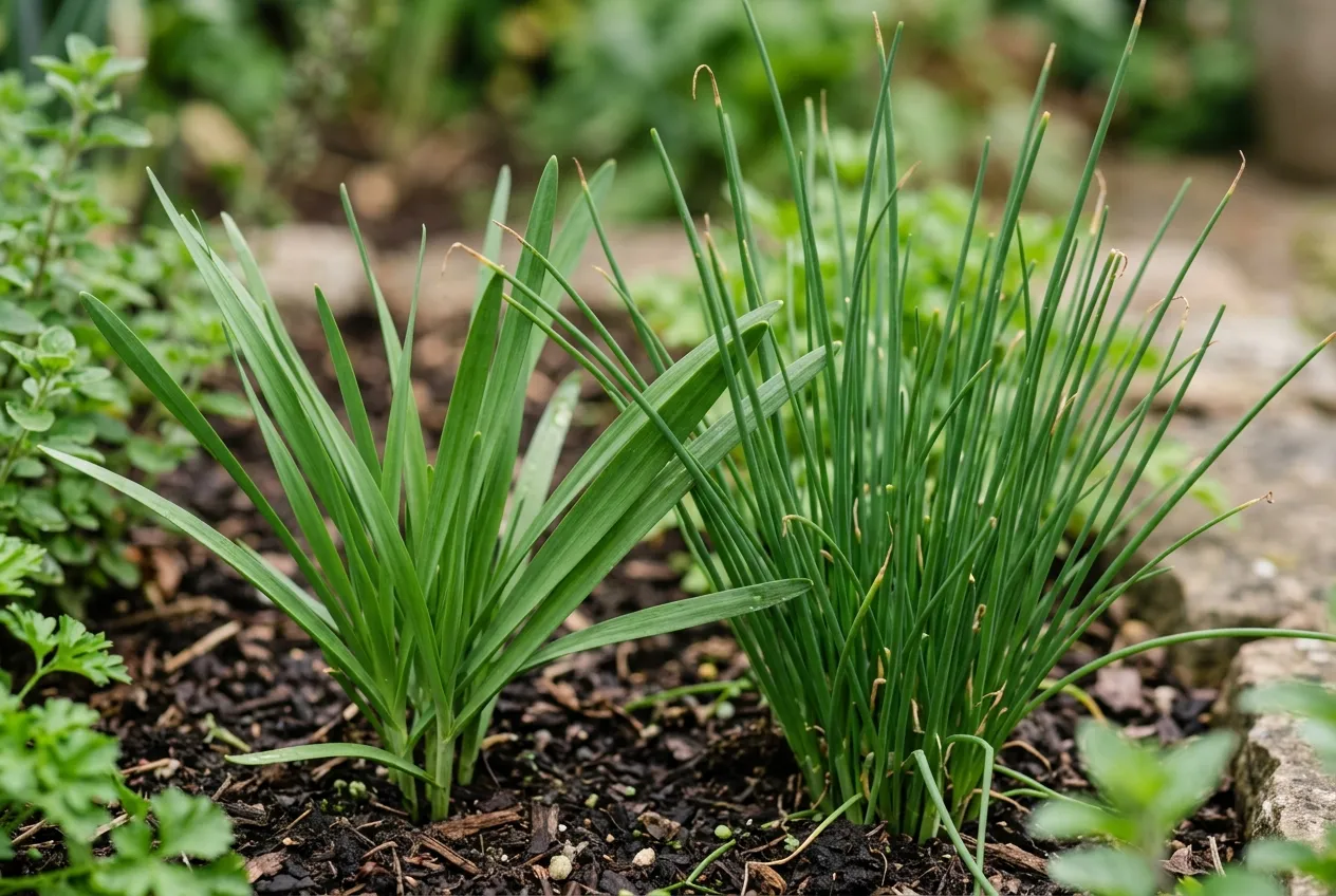 Garlic chives with flat leaves next to regular chives with hollow tubular leaves in a UK herb garden