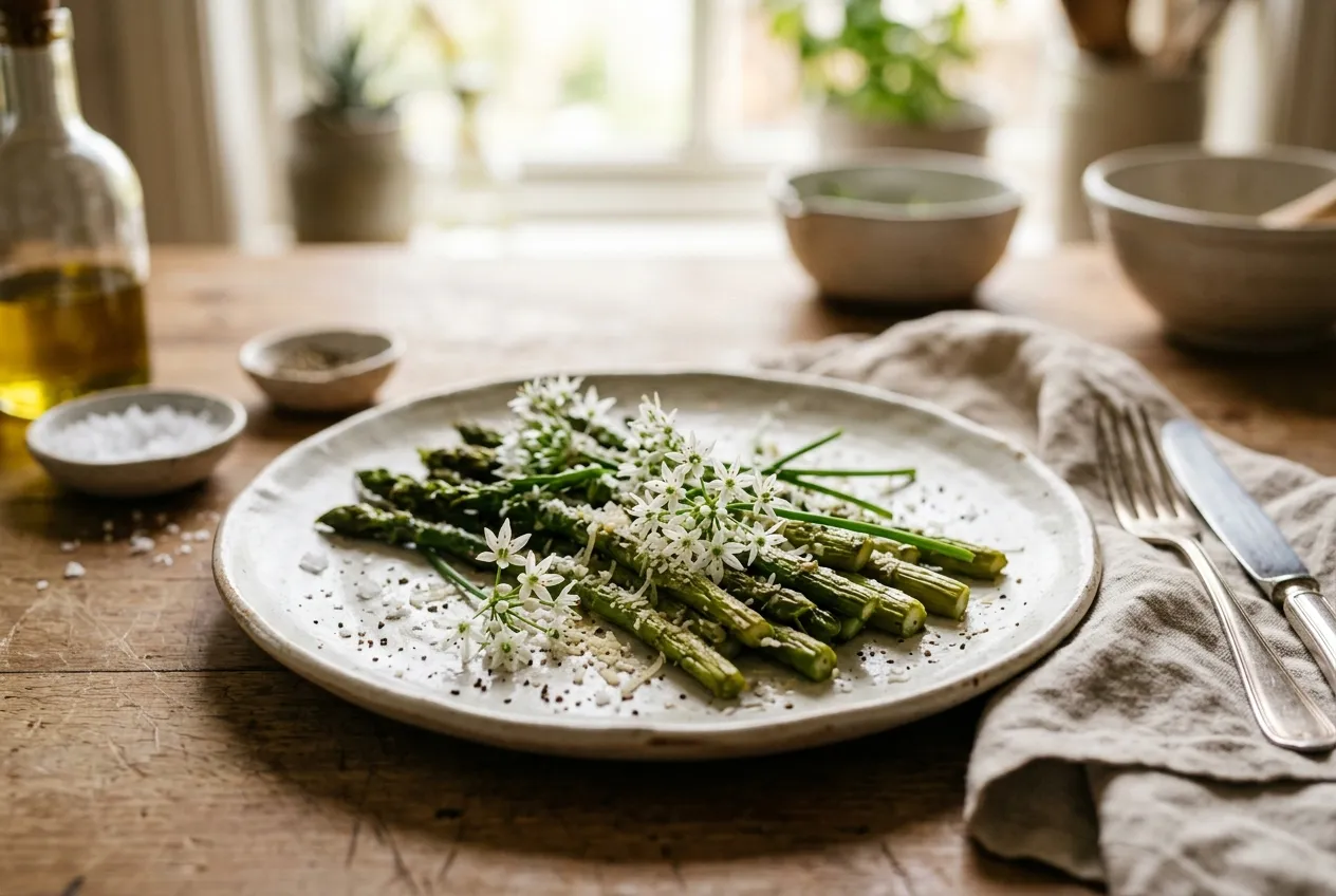 White garlic chive flowers used as edible garnish on a dish in a kitchen setting