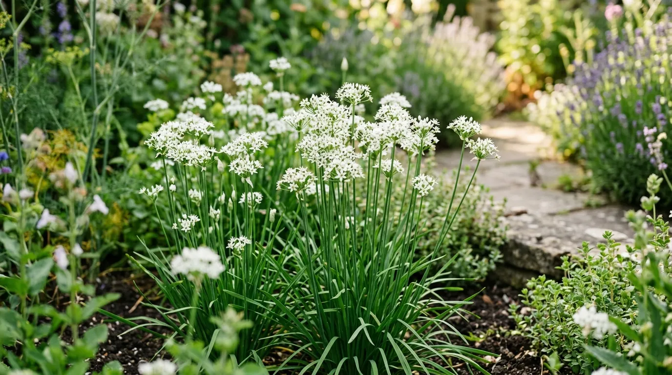 Garlic chives in bloom with white star-shaped flowers growing in a UK herb garden border