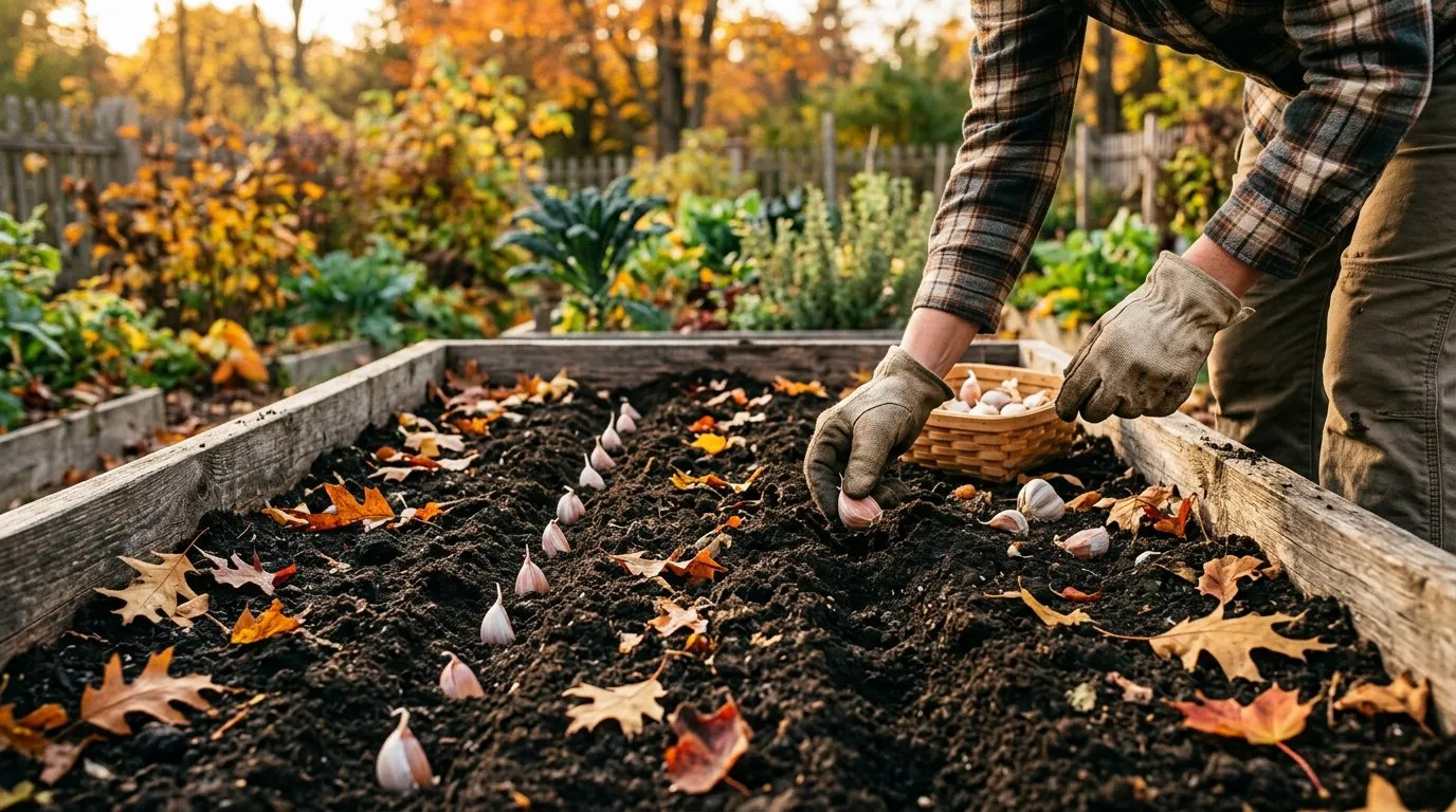 Garlic cloves being planted into prepared soil in an autumn garden