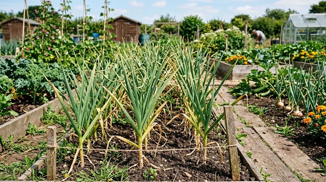 Rows of garlic growing strongly in a raised bed in spring