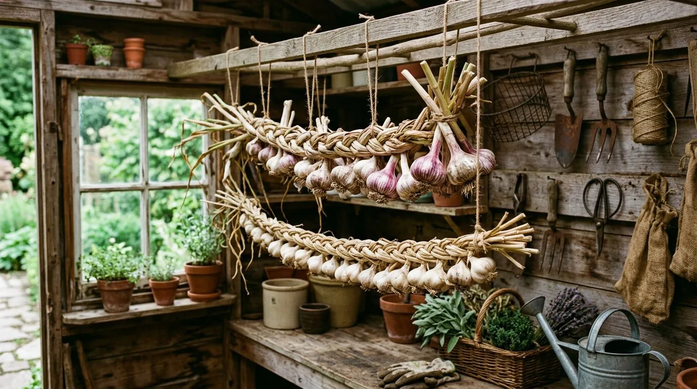 Harvested garlic bulbs curing on a wooden rack in a garden shed