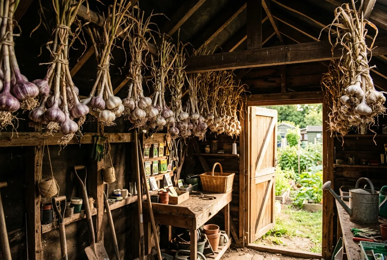 Garlic varieties UK harvest drying in bunches hung from allotment shed rafters