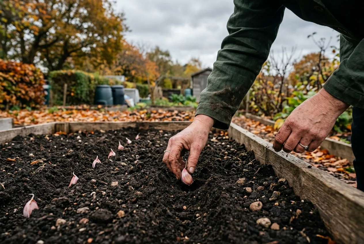 Garlic cloves being planted in prepared allotment soil in autumn UK conditions