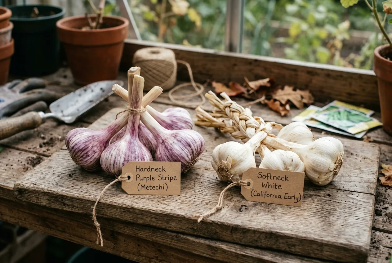 Garlic varieties UK showing hardneck purple stripe and softneck white types side by side on potting bench