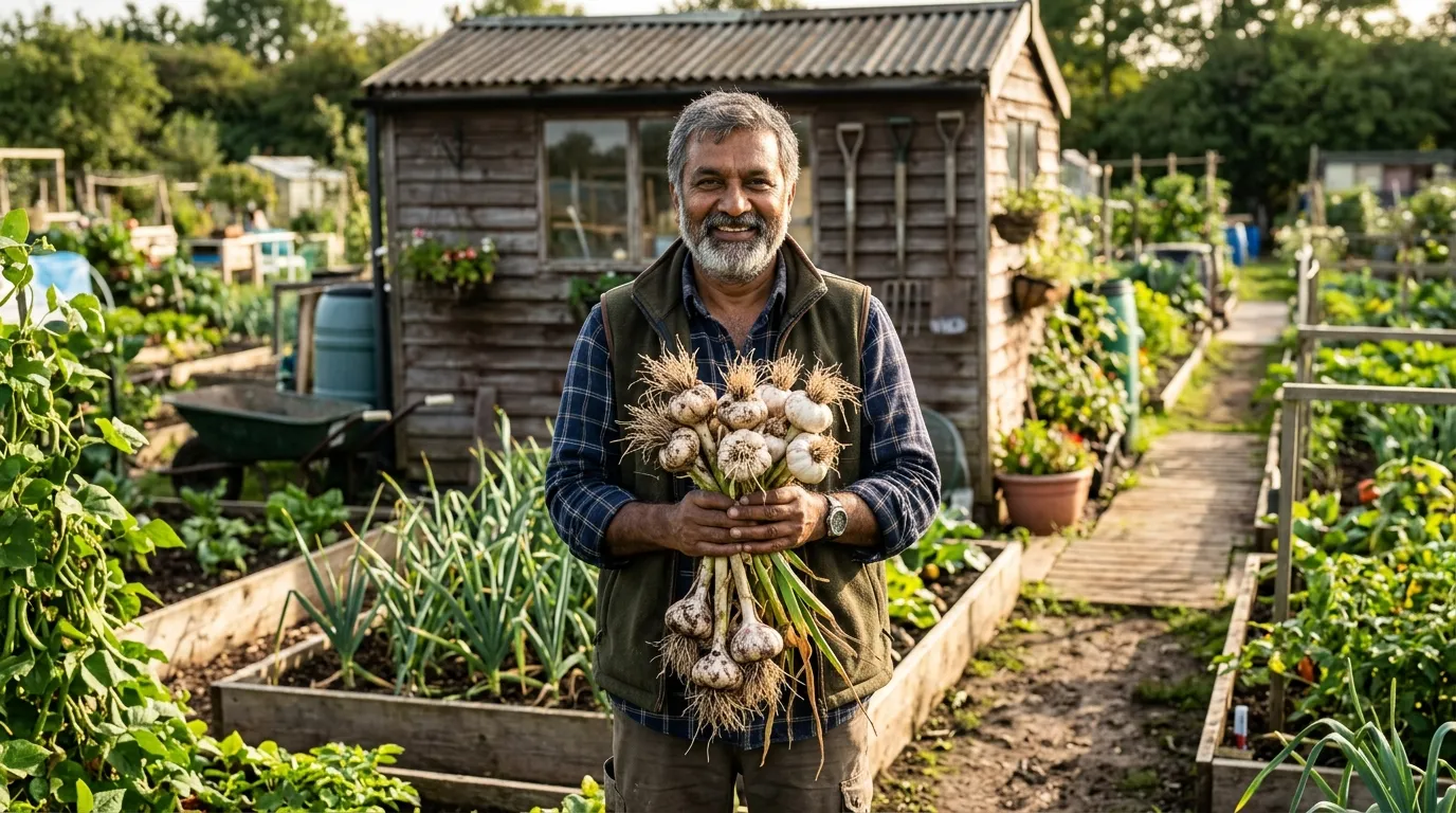 Best garlic varieties UK including hardneck and softneck types freshly harvested on allotment