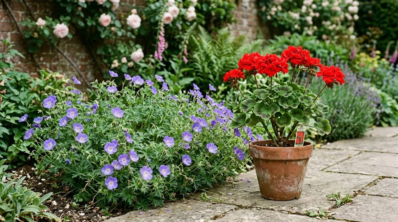 Hardy geranium in a garden border next to a potted pelargonium showing the difference