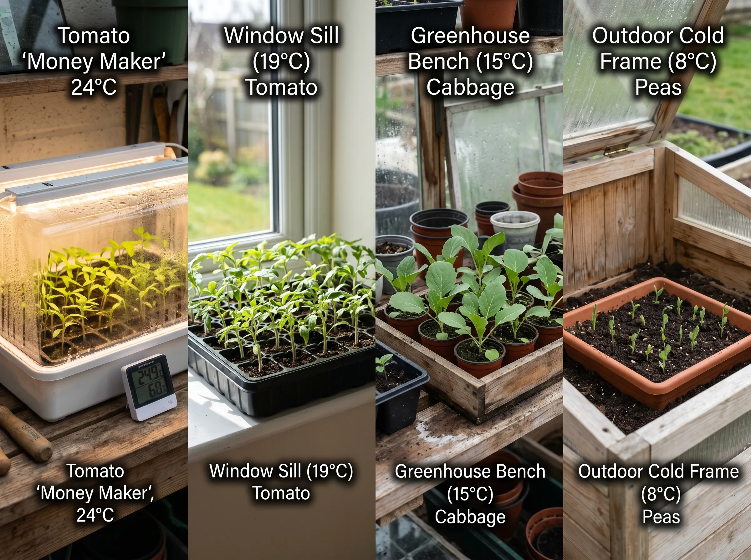 Side-by-side comparison of a heated propagator, an unheated cold frame, a south-facing windowsill and a greenhouse bench in a UK garden, each with seed trays at different stages of germination