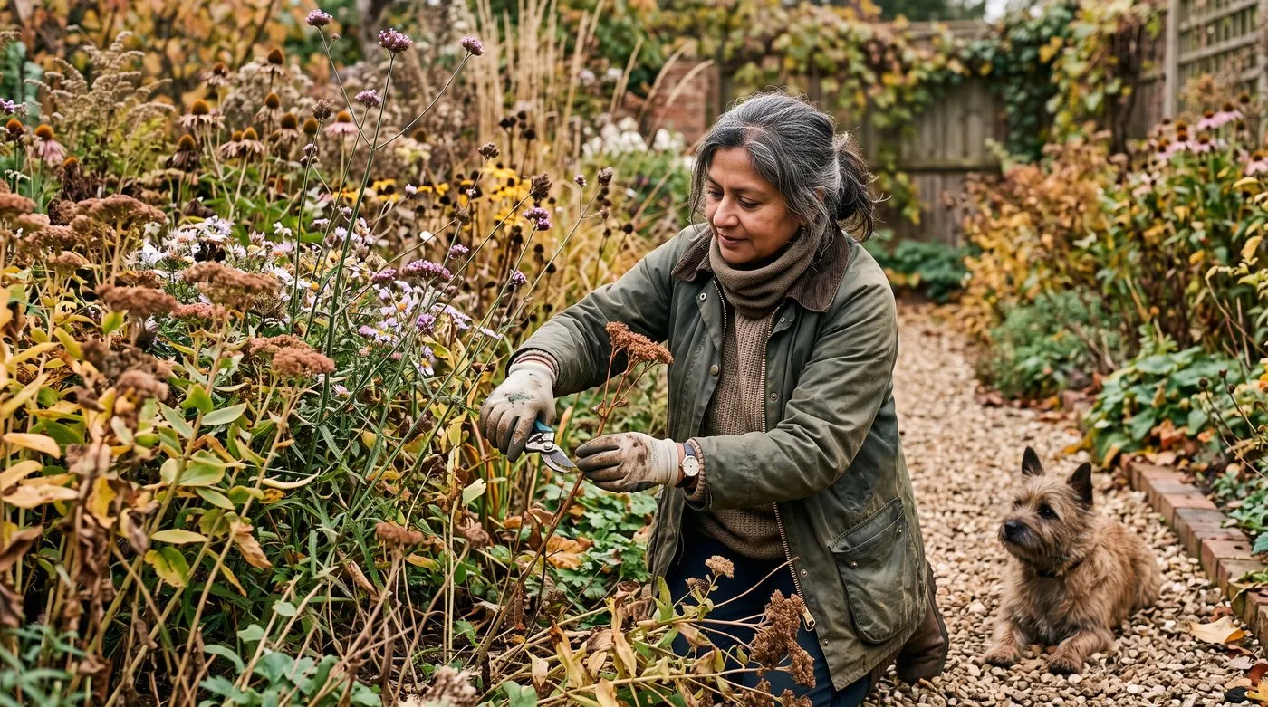 Illustrative gardener editing an autumn border while retaining useful seedheads