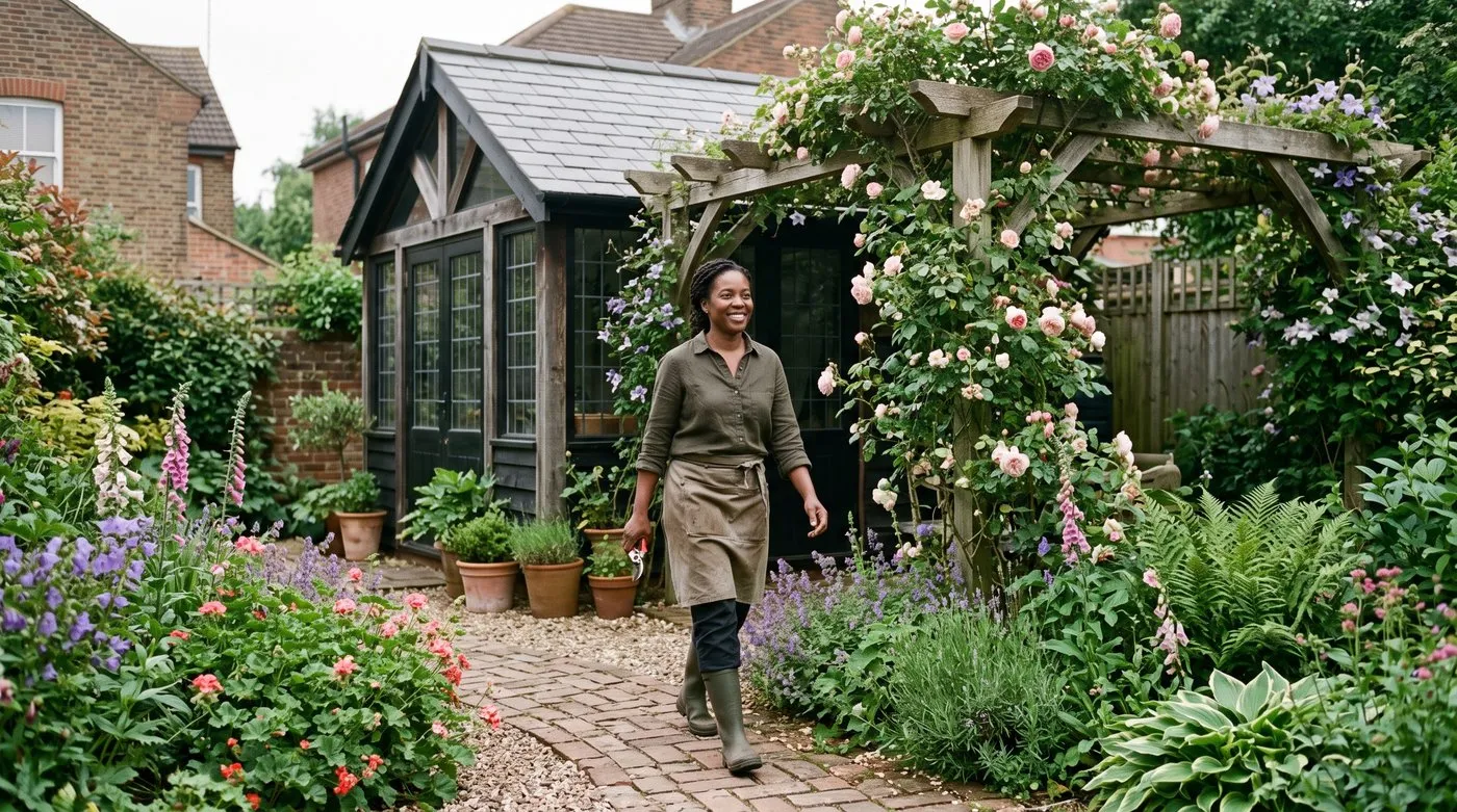 Illustrative Arts and Crafts-inspired garden room in a modern suburban garden