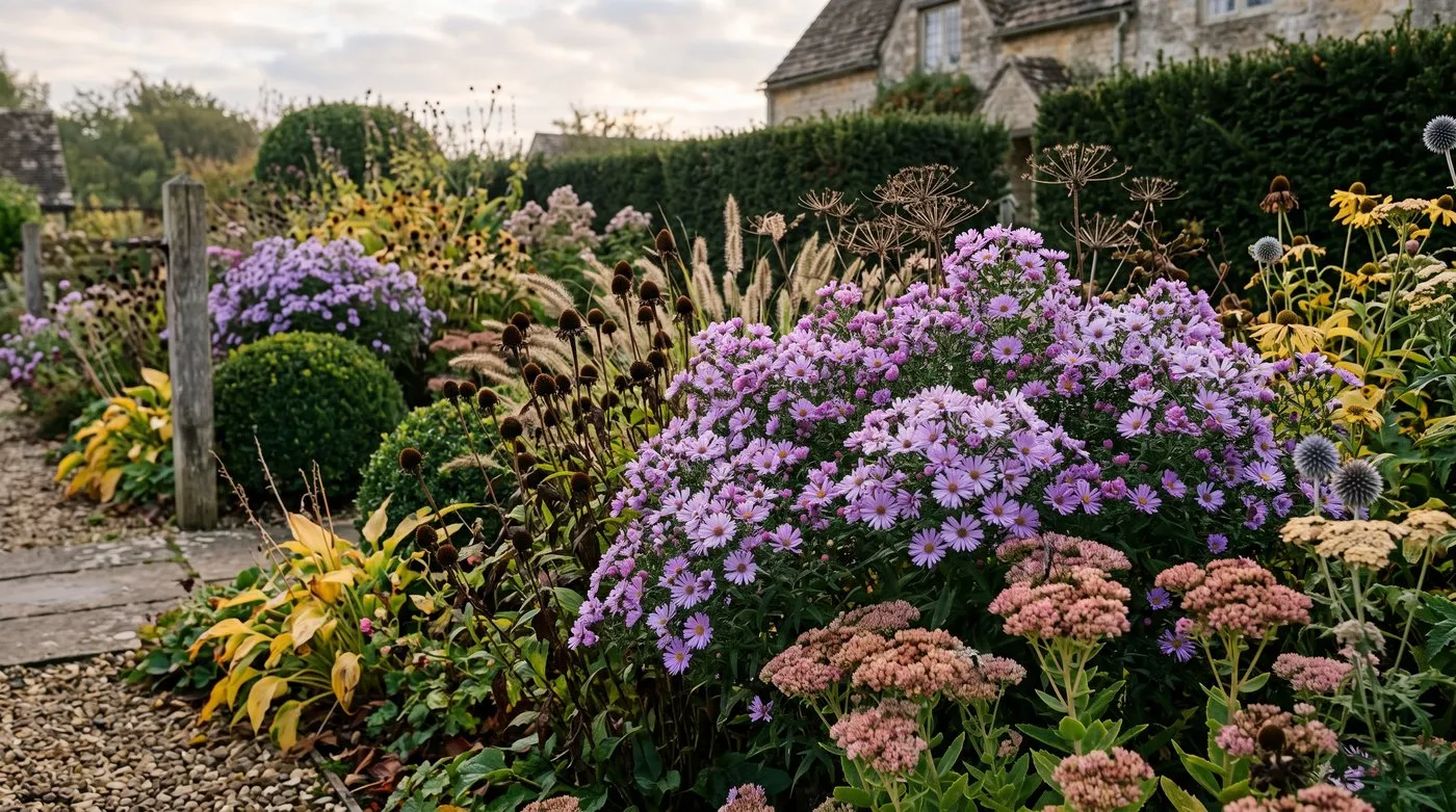 Illustrative early-autumn border with asters, seedheads and evergreen structure