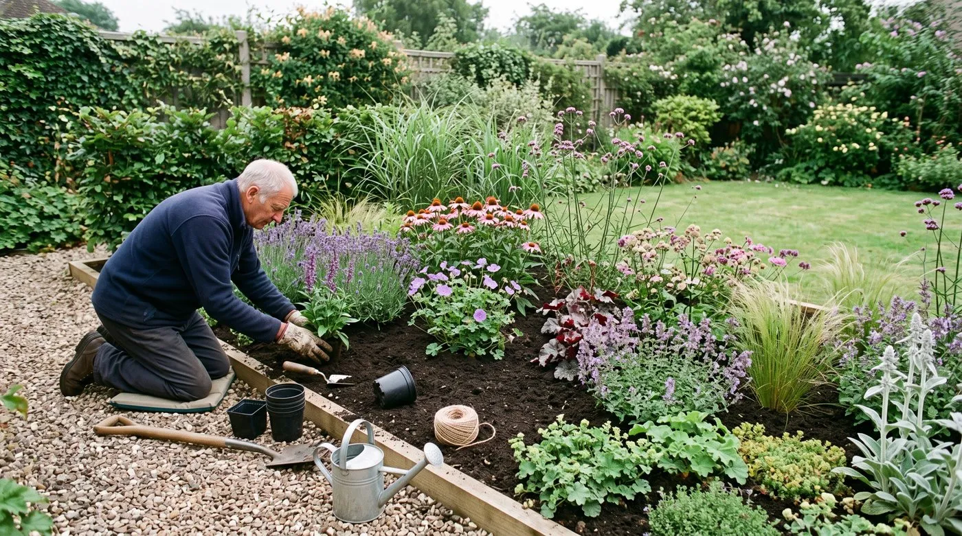 Illustrative compact border being planted in repeated groups and three height layers