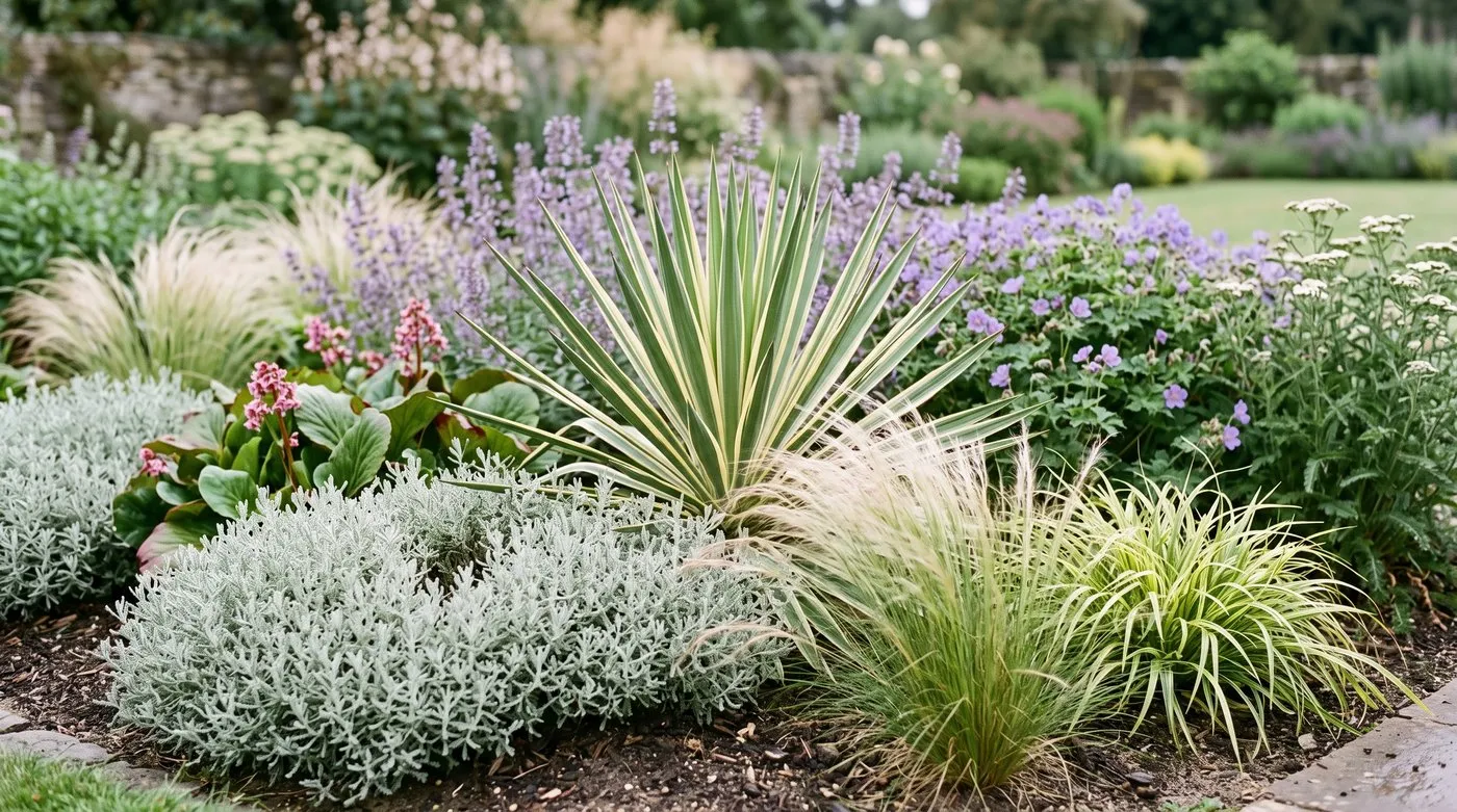 Illustrative border combining upright, rounded, fine and broad plant shapes