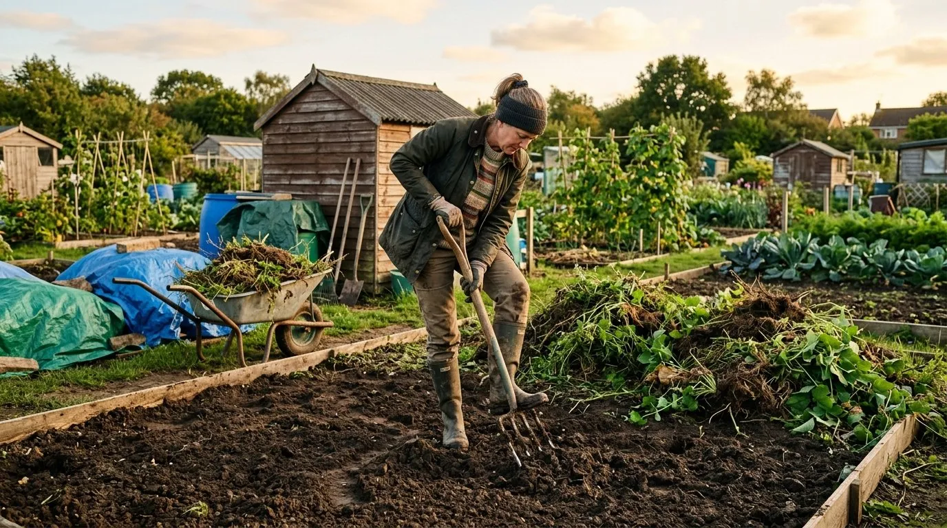 Person clearing an overgrown allotment plot with a garden fork, wheelbarrow and tarps visible
