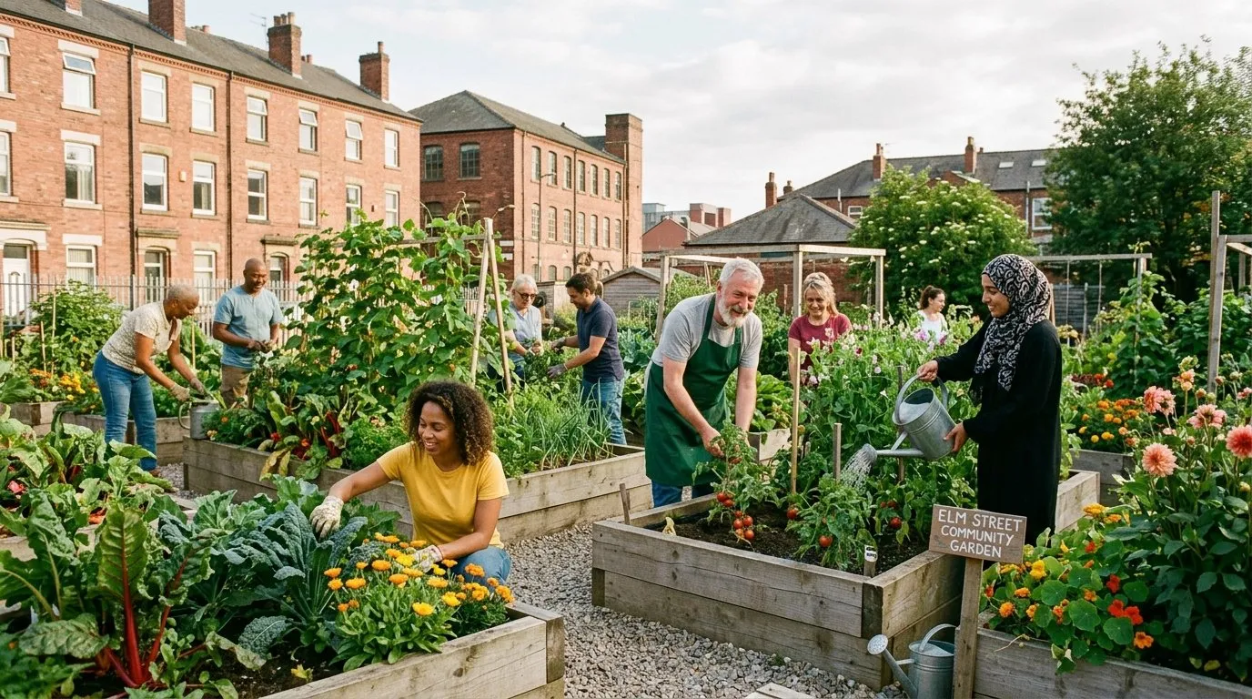 Community garden in an urban UK setting with raised beds and people gardening together
