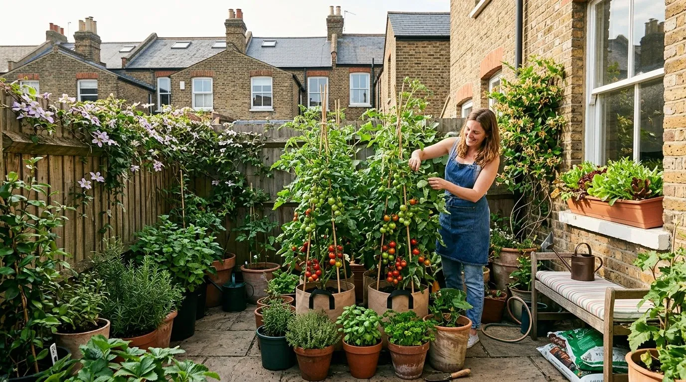 Urban patio with vegetable containers, grow bags with tomatoes, herb pots, and window boxes