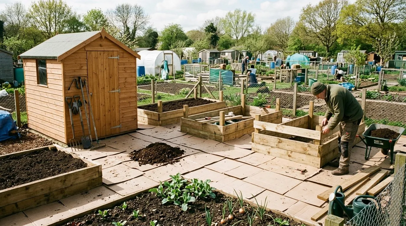 Newly organised allotment plot with cardboard mulch, timber raised beds under construction