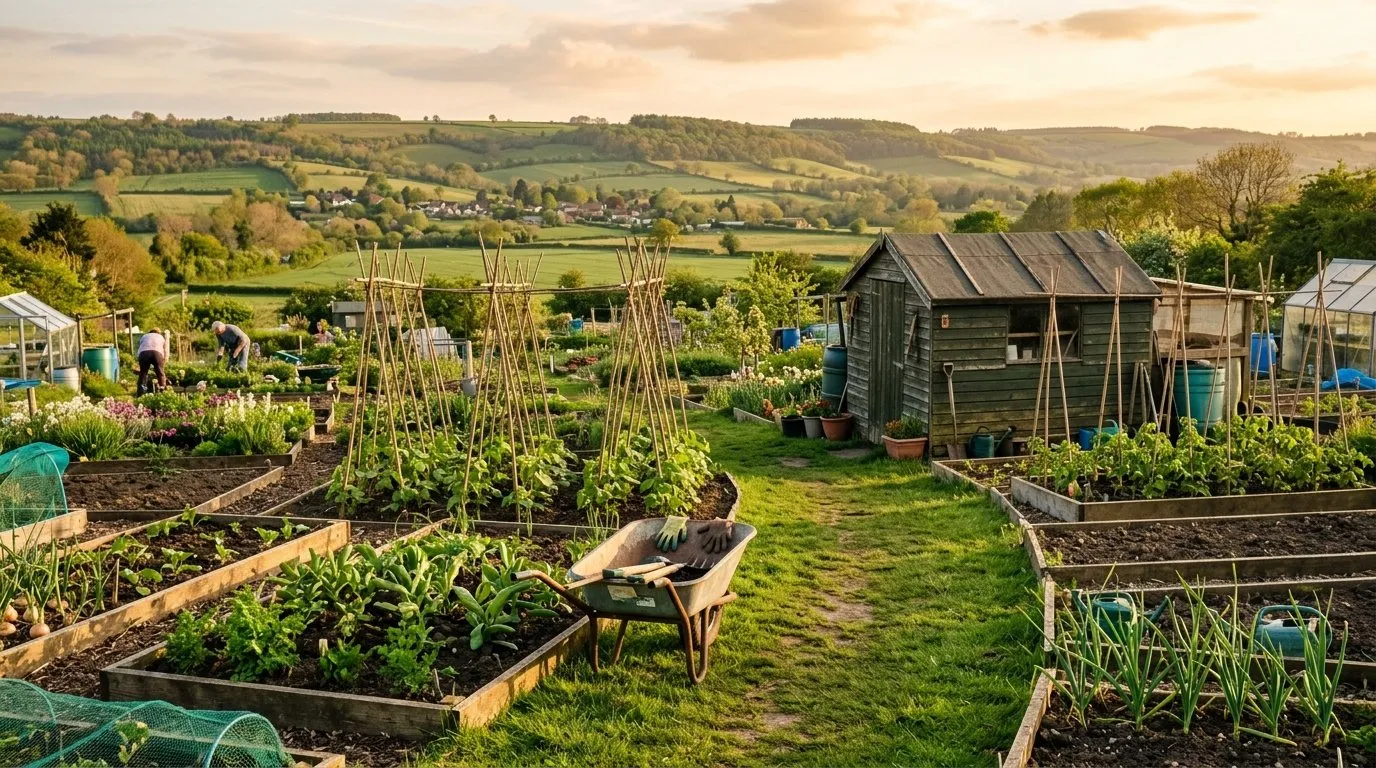 UK allotment site with vegetable plots, sheds, and runner bean wigwams in spring sunshine