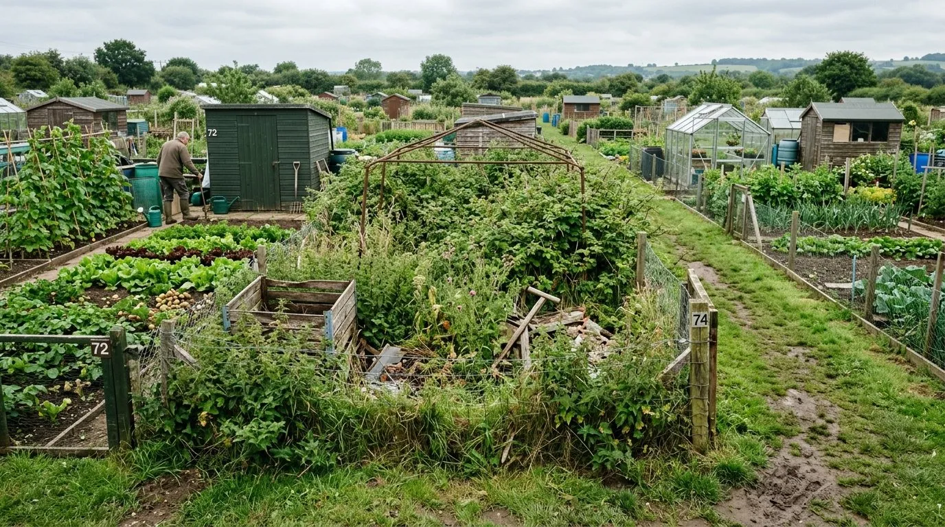Overgrown allotment plot with waist-high weeds next to well-maintained neighbouring plots