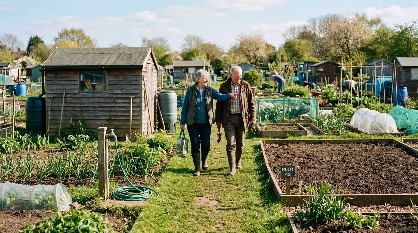 Two people walking between allotment plots, one pointing at features of an empty plot