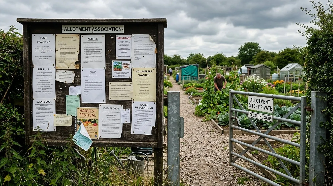 Allotment site noticeboard at entrance gate with pinned notices and plots visible beyond