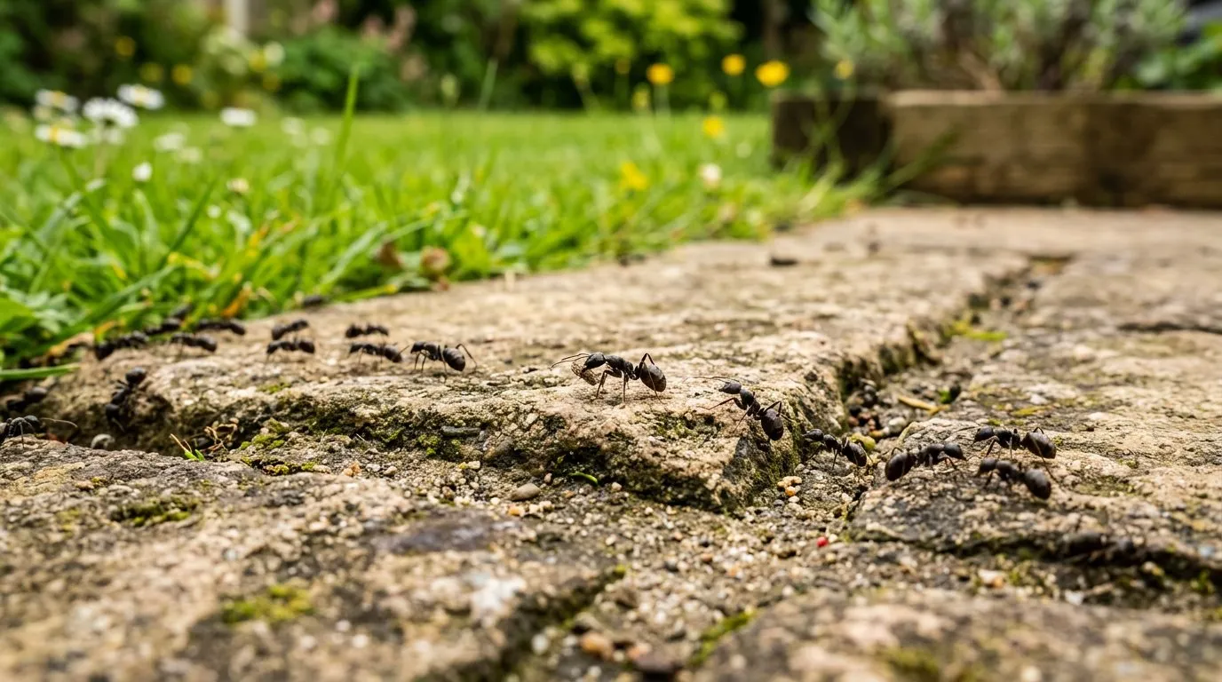 Close-up of ants on a garden path near a patio with a UK lawn in the background