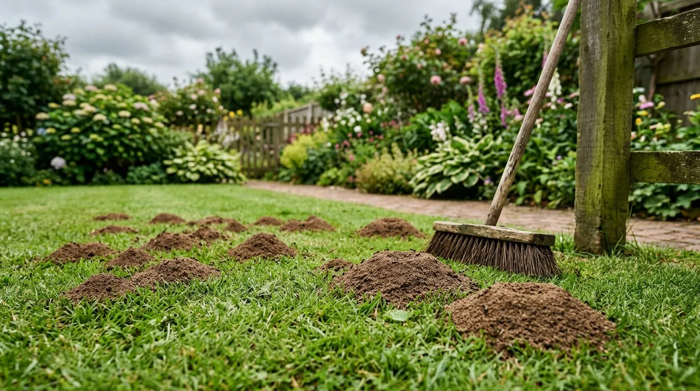 Ant mounds on a UK lawn creating small piles of fine soil on the grass surface
