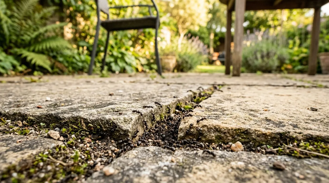 Ants emerging from gaps between patio paving slabs in a UK garden