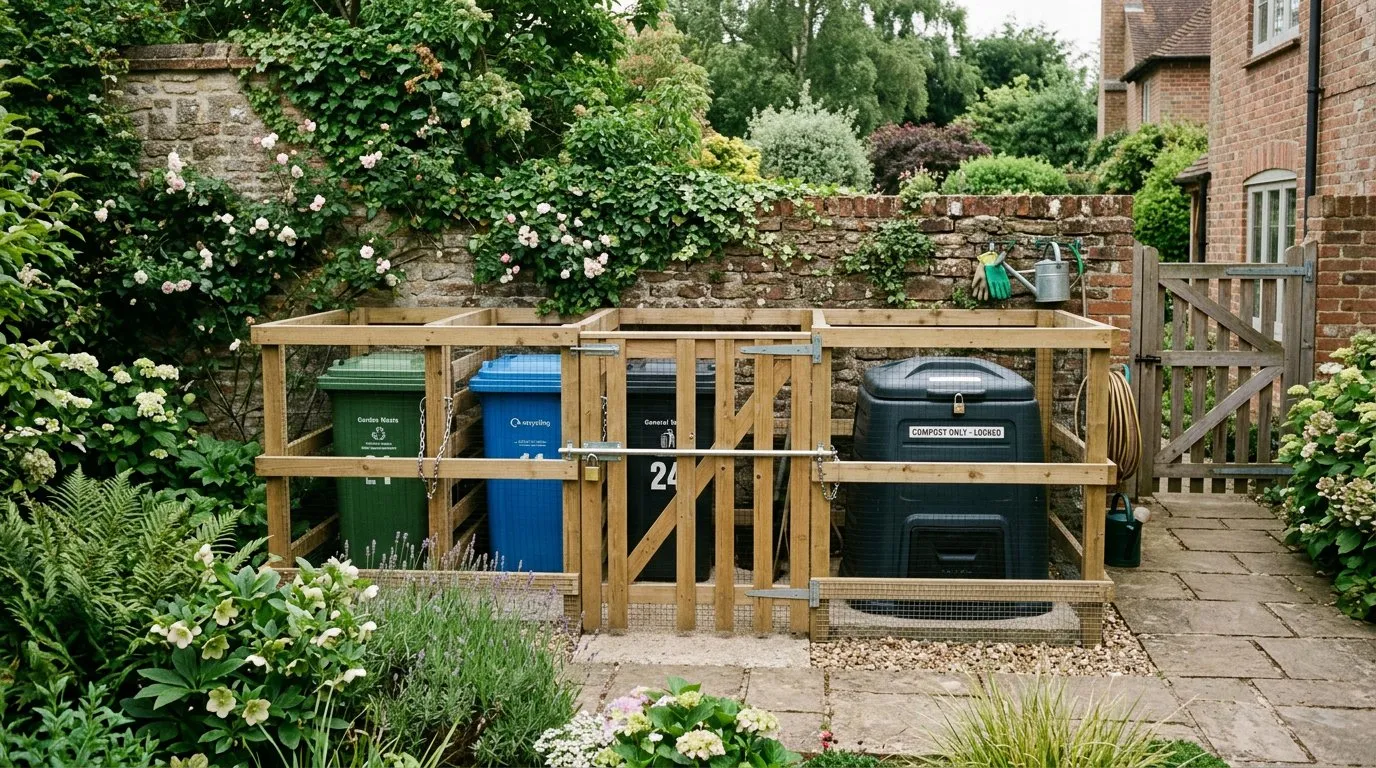 A red fox investigating a garden bin area at night with scattered rubbish on the ground