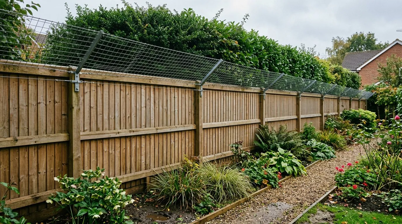Fox-proof mesh fencing around a chicken coop with a 30cm angled overhang at the top and buried base