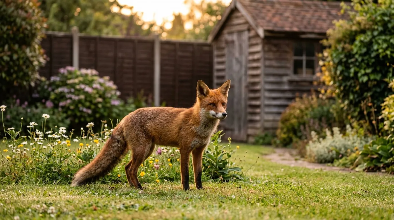 Red fox standing on a garden lawn at dusk next to an overturned plant pot in a UK suburban garden