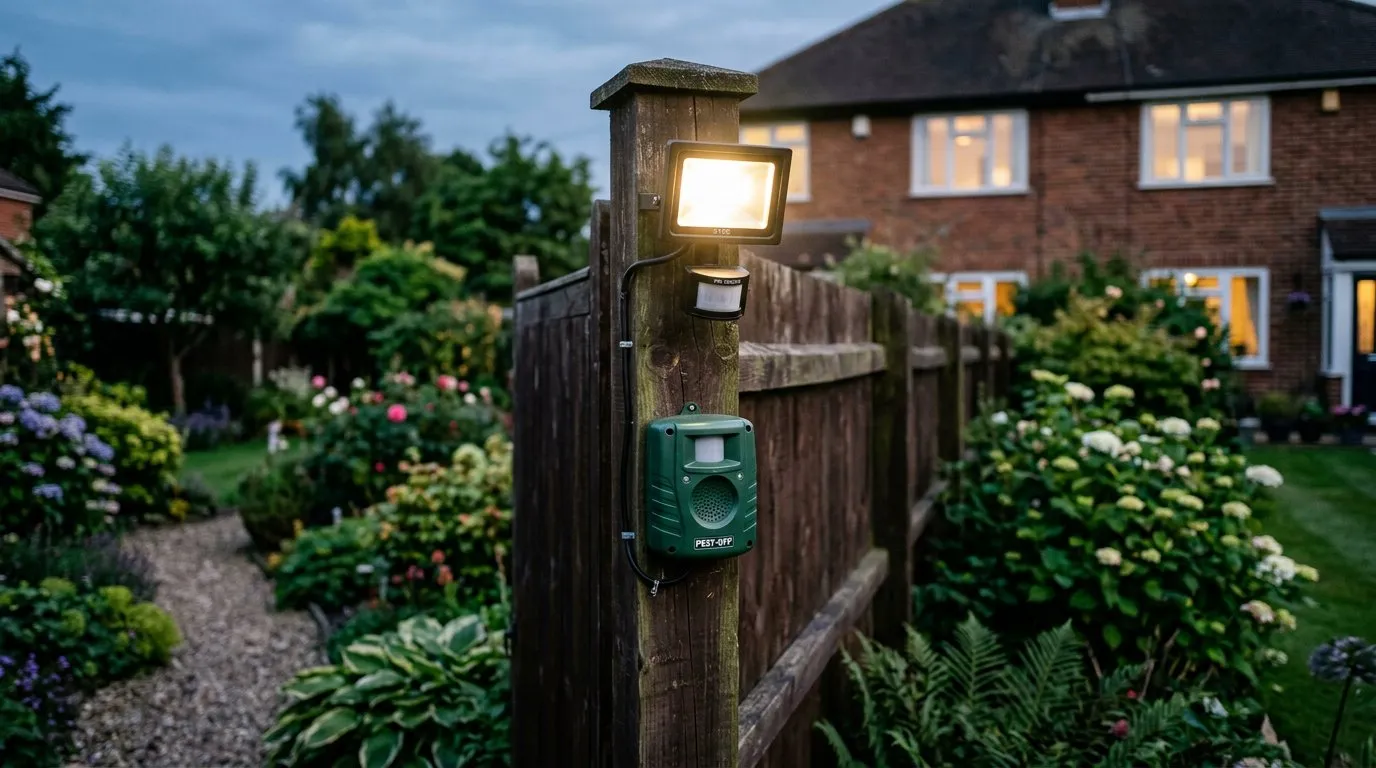 A professional pest controller inspecting the base of a garden shed for fox den entry points