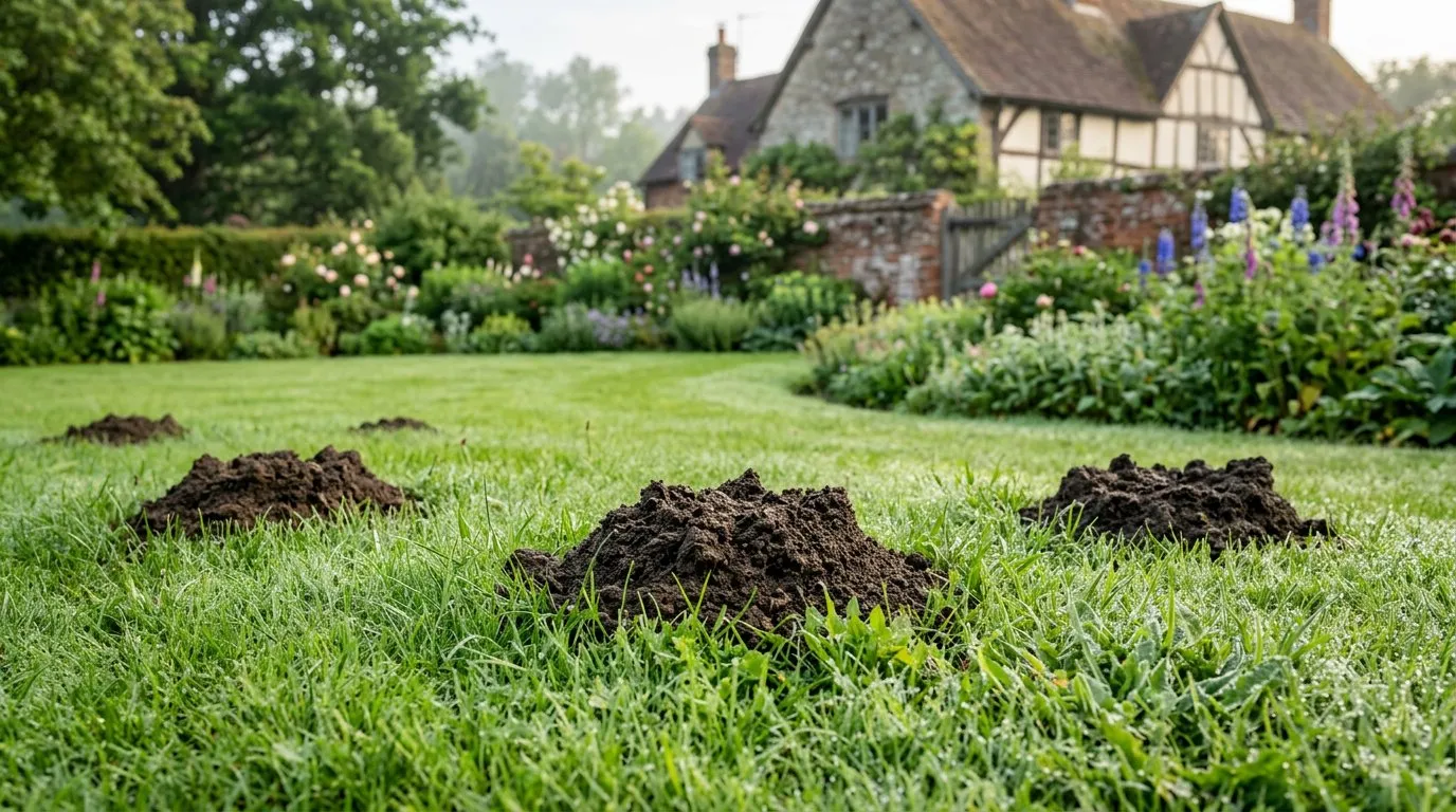 A fresh molehill on a British garden lawn with a spade resting beside it in soft morning light