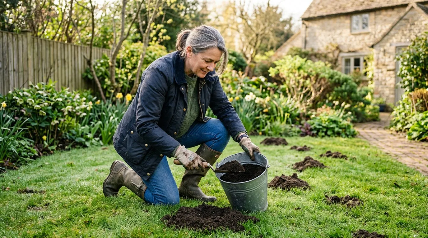 Hands scooping fine dark molehill soil into a garden trug beside a freshly turned molehill on a lawn