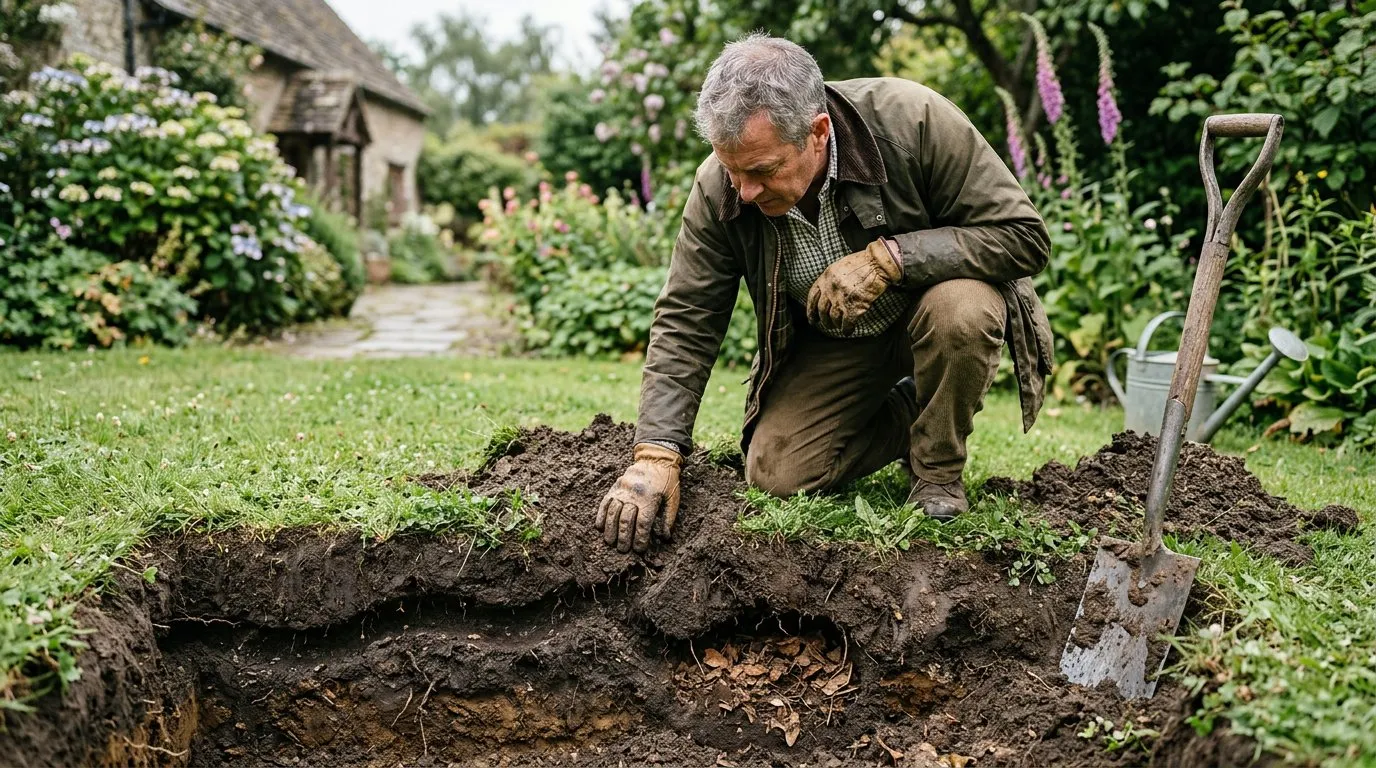 Diagram showing cross-section of mole tunnel system with shallow surface runs near the top and deep permanent tunnels at 30cm depth