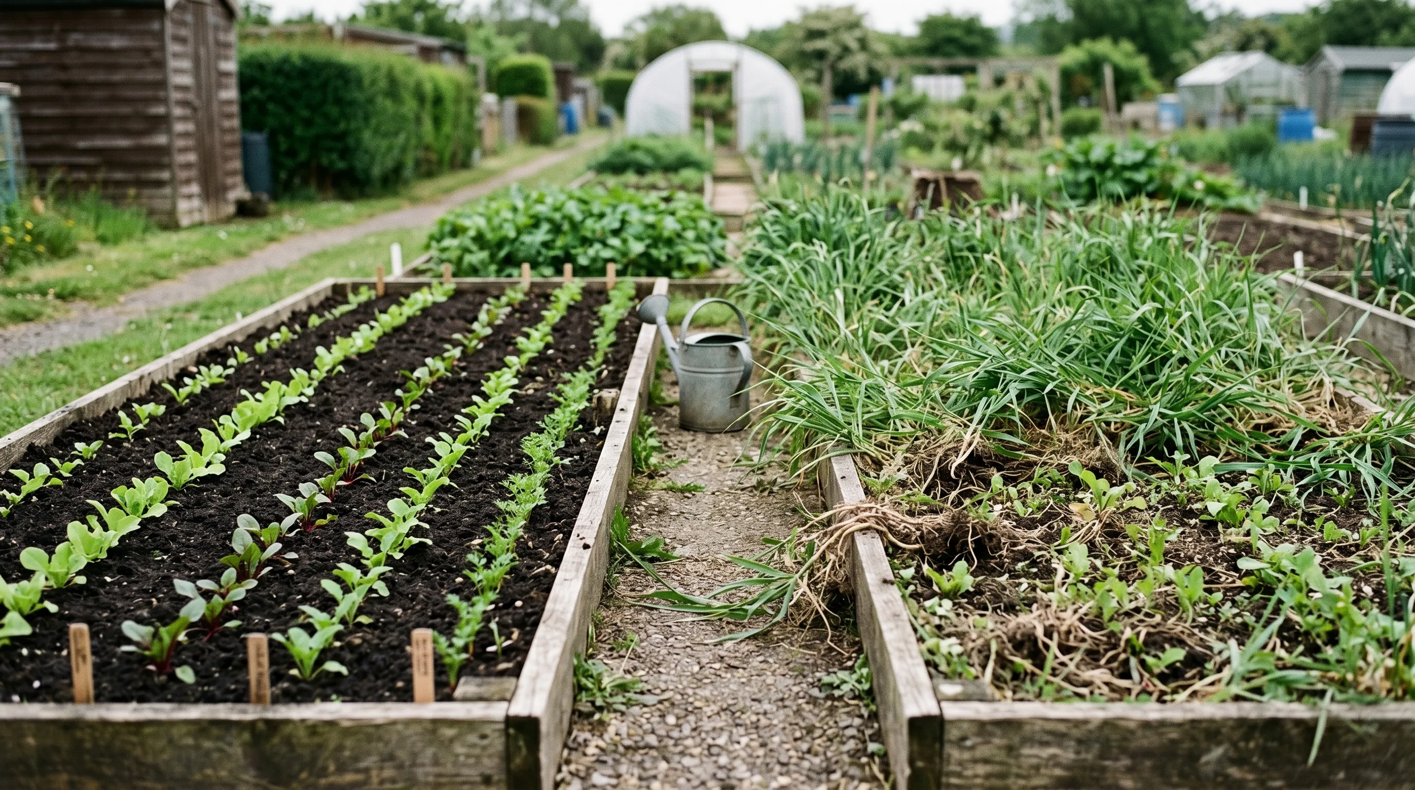 A diagnostic comparison of two parallel UK allotment beds, the left bed cleared of couch grass with healthy vegetable seedlings emerging from clean soil, the right bed half-overrun with green couch grass tufts