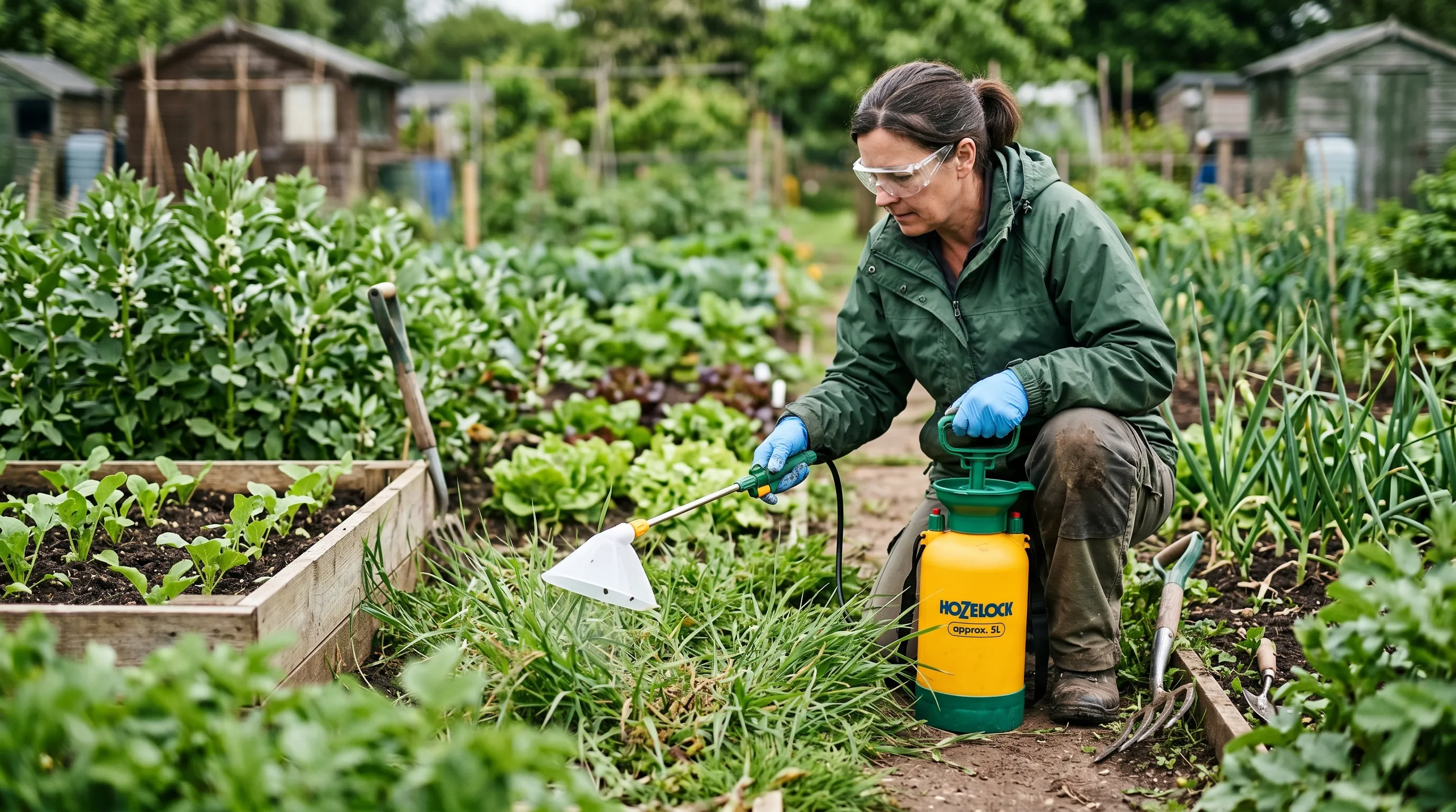 A UK gardener spraying glyphosate herbicide onto a patch of couch grass using a hand-pump sprayer with a hood guard to protect surrounding crops, wearing nitrile gloves and safety goggles