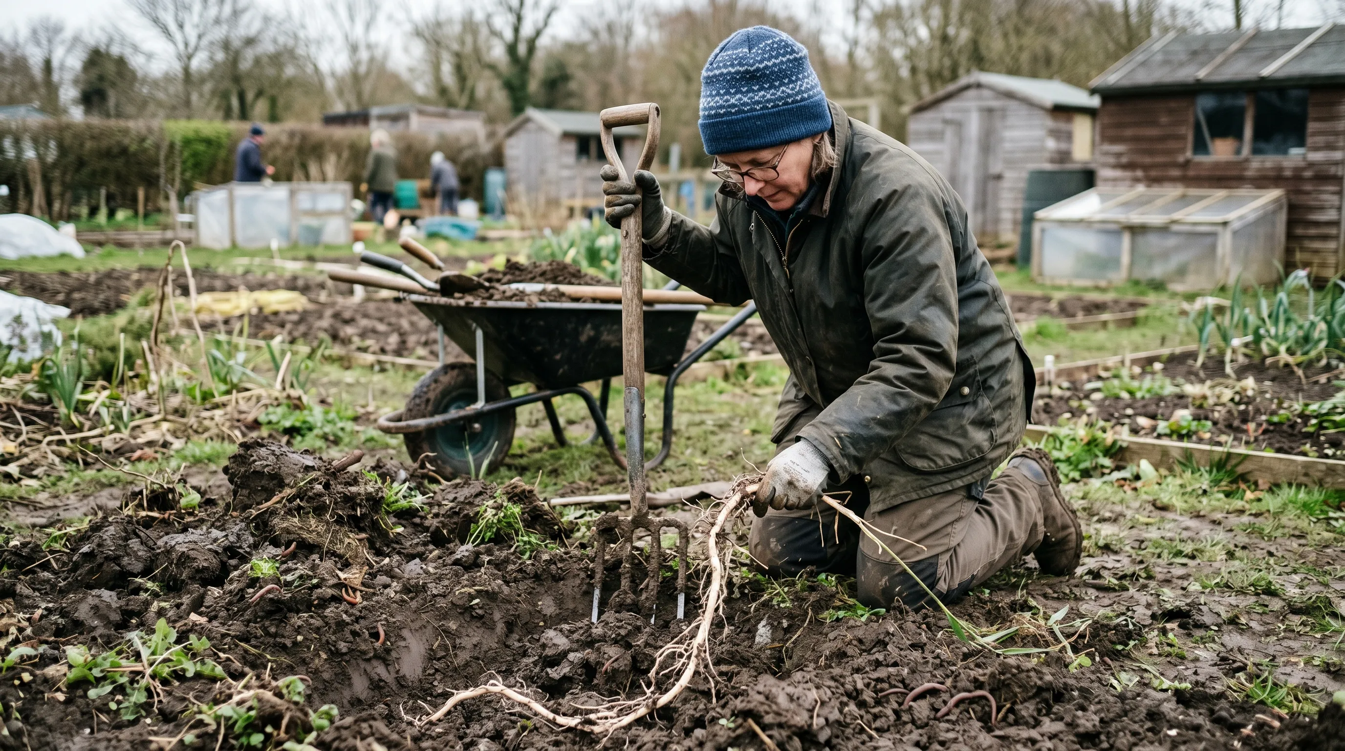 A UK allotment holder pulling a long white rhizome of couch grass from heavy clay soil with a digging fork in early spring